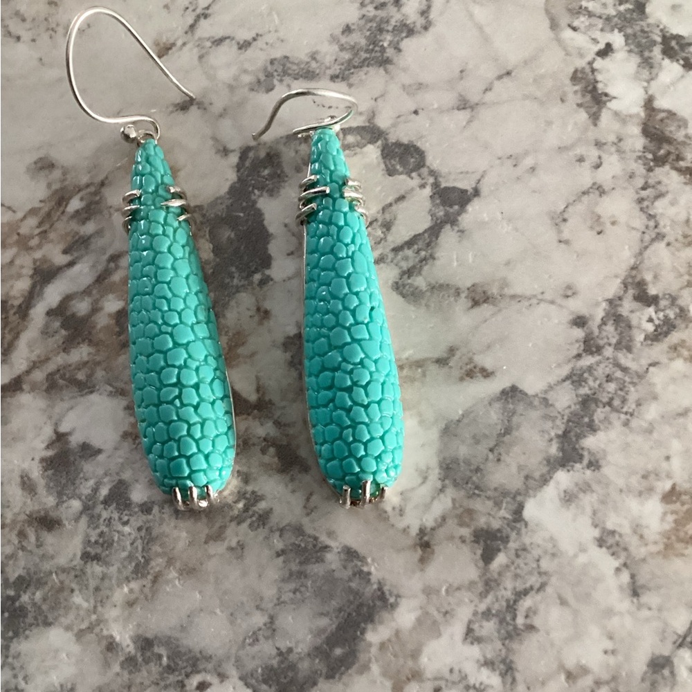 Chic Turquoise Textured 2 Inch Silver Earrings